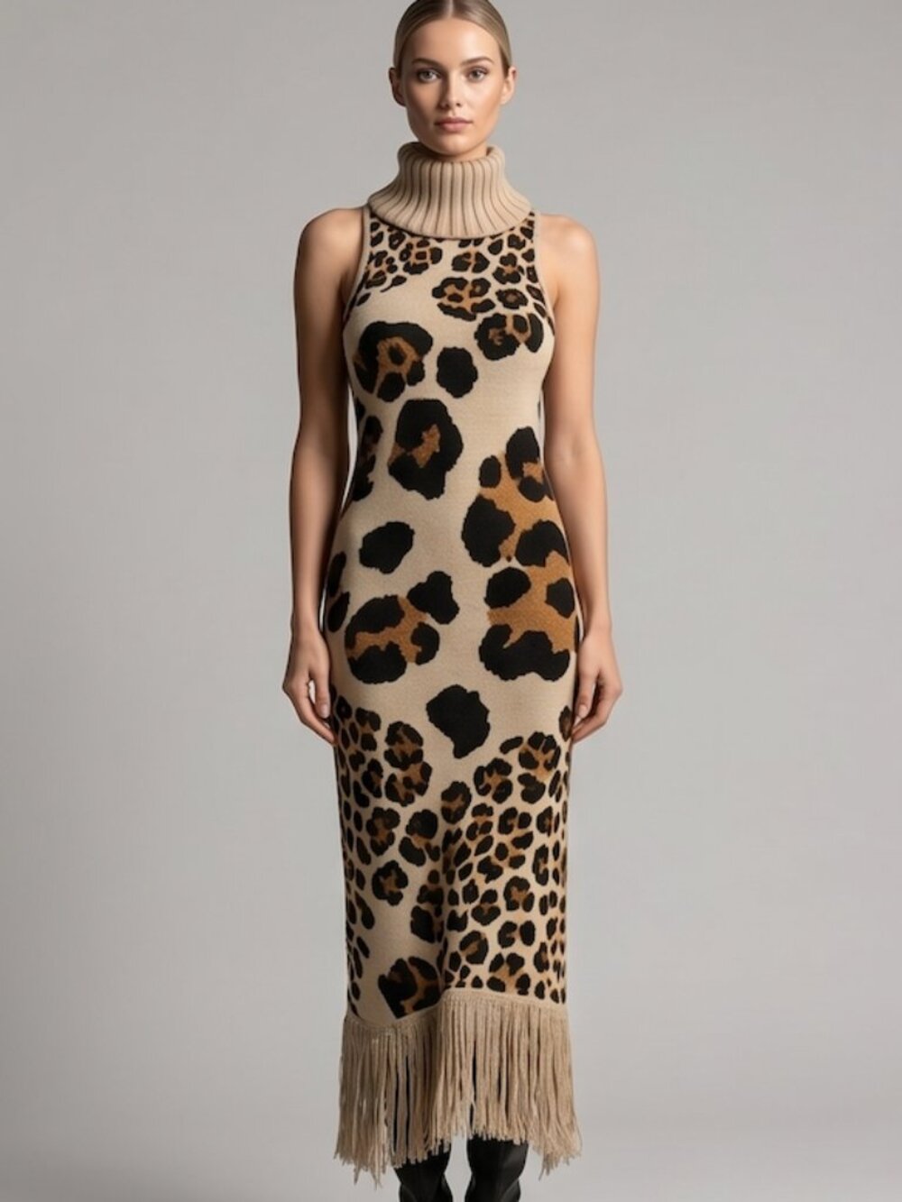 Boho Chic Animal Print Cowl Neck Sleeveless Sweater Dress Fringe Hemline
